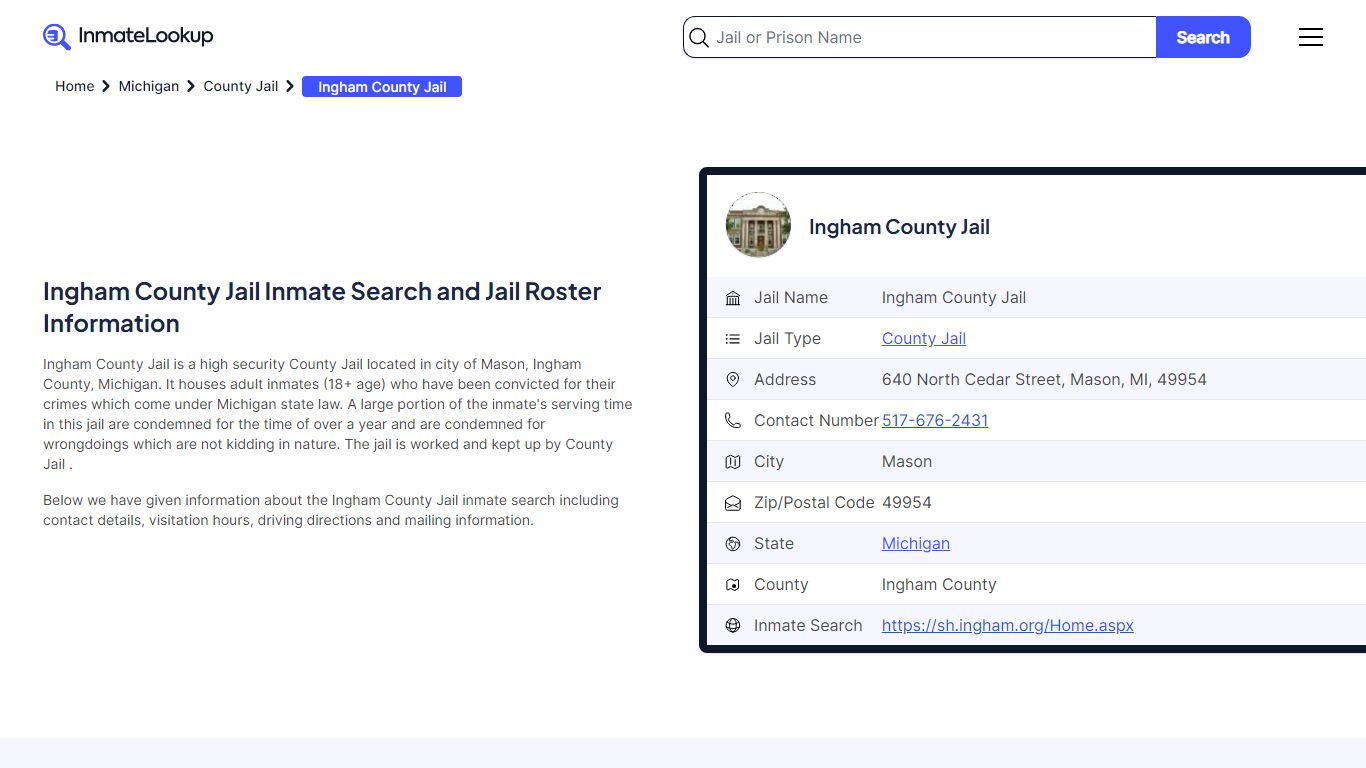 Ingham County Jail Inmate Search and Jail Roster Information